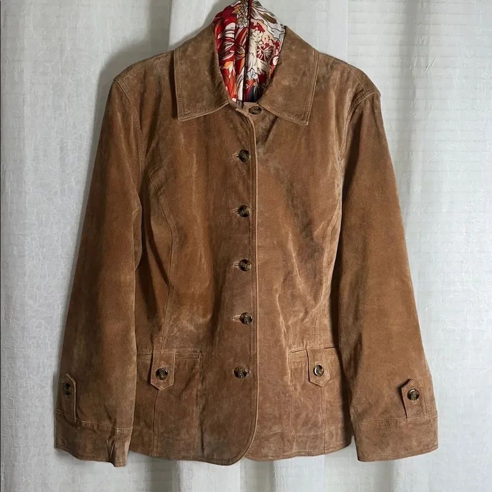 i. e. relaxed 1X Tan Genuine Leather Suede Fitted Collared Button Front Jacket